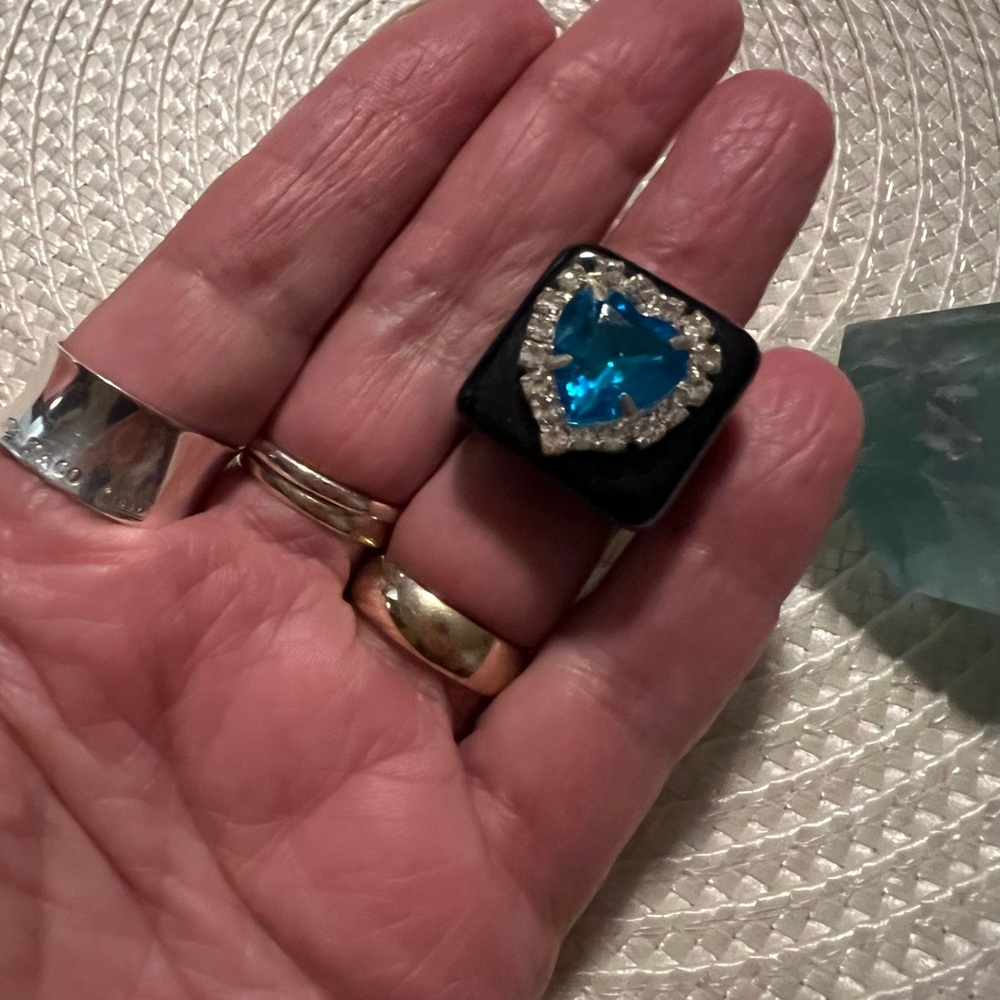 Blue Heart Resin Ring with Glass Stones Incased in Silver Accents